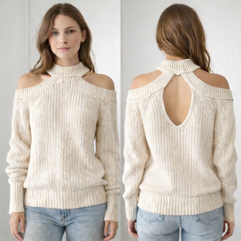 Free People Womens Cream Cotton Cold Shoulder Mock Neck Keyhole Back Sweater XS